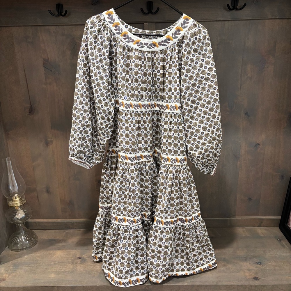 Tory Burch Brown and Cream Floral-Medallion Tiered Dress